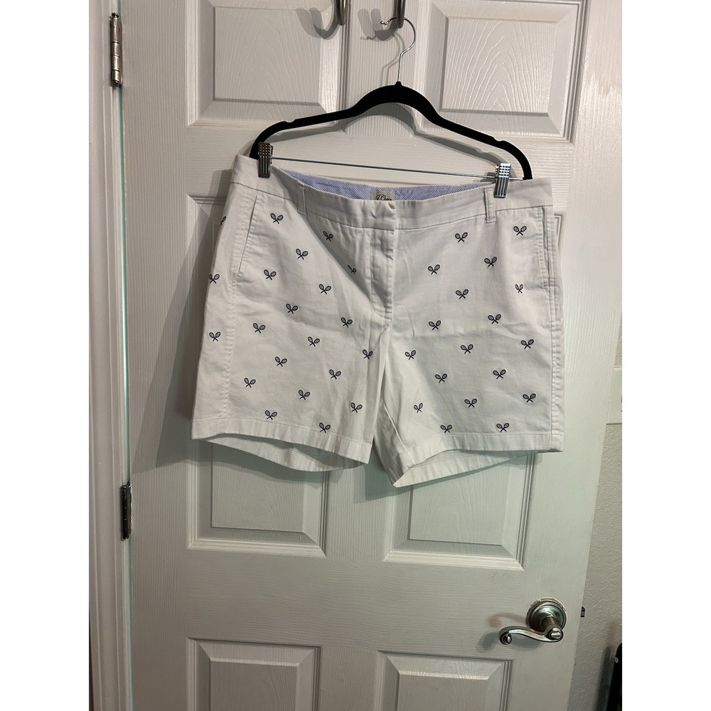 J.CREW Women's White Chino Shorts Size 16 Embroidered Navy Tennis Rackets